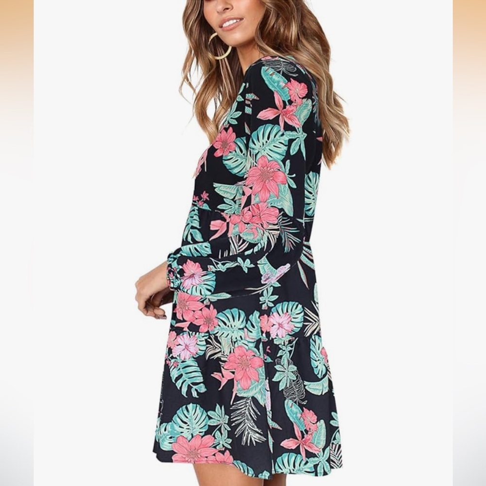 Boutique Brand Size Medium Black and Pink Floral Tropical Swing Dress - Picture 3 of 8